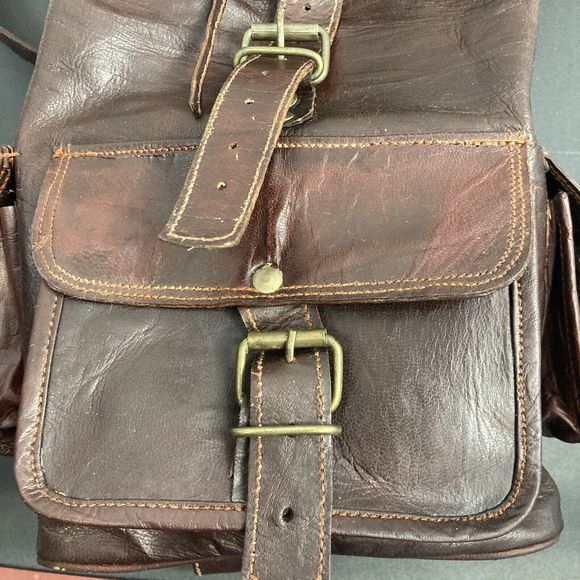 Genuine Leather Backpack Purse Pockets Adjustable Drawstring Buckle Brown Soft - Picture 4 of 14